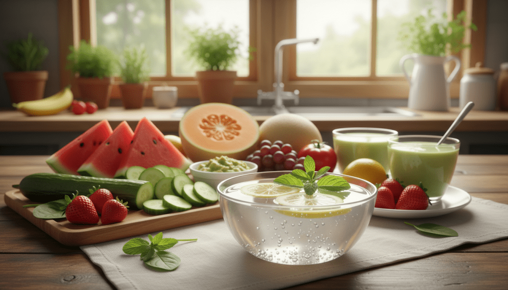 A beautifully arranged display of high water content foods for the elderly, featuring vibrant fruits and vegetables such as juicy watermelon slices, ripe cucumbers, plump strawberries, and spinach leaves. In the foreground, a white bowl filled with sparkling water infused with lemon and mint adds a refreshing touch. The middle layer showcases a wooden table with a soft linen cloth, adorned with a variety of colorful, fresh produce. In the background, a softly lit kitchen with warm natural lighting creates a cozy atmosphere, hinting at a homey environment. The composition should evoke a sense of health and vitality, perfect for promoting hydration and nourishing meals for seniors, while maintaining a clean, professional aesthetic.