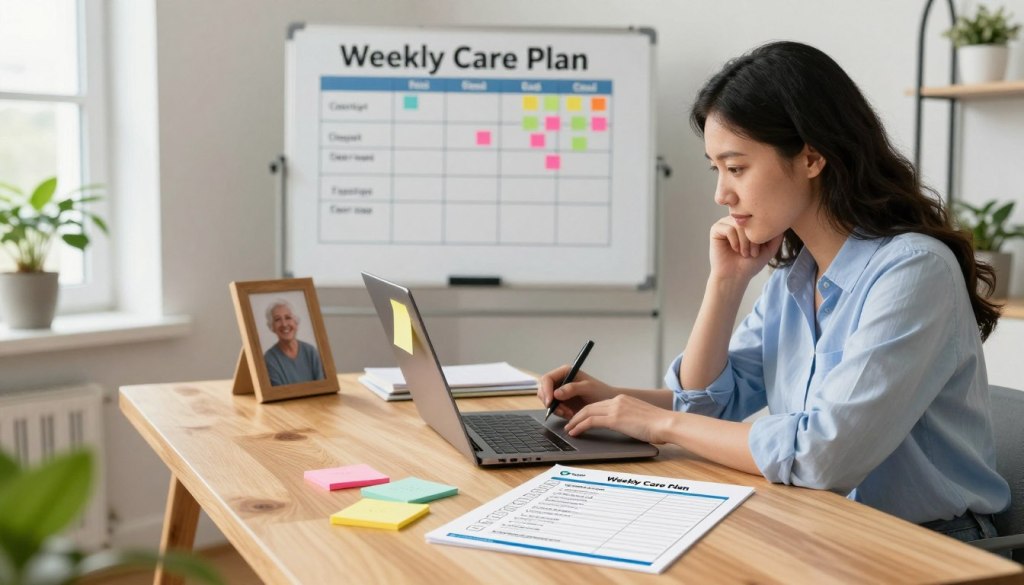 A bright, airy office space featuring a family caregiver seated at a sleek wooden desk, thoughtfully creating a weekly elder care plan on a laptop. The foreground showcases colorful sticky notes and a printed template labeled "Weekly Care Plan" with checkboxes for tasks. In the middle, a large whiteboard displays organized care goals and schedules. The background includes soft natural lighting streaming through a window, with houseplants adding a touch of warmth. A framed photo of a loving elder parent is subtly placed on the desk to evoke emotion. The atmosphere conveys a sense of professionalism, organization, and compassion, emphasizing the importance of planning in elder care. The brand name "JoyCalls" is subtly incorporated into the care plan document.