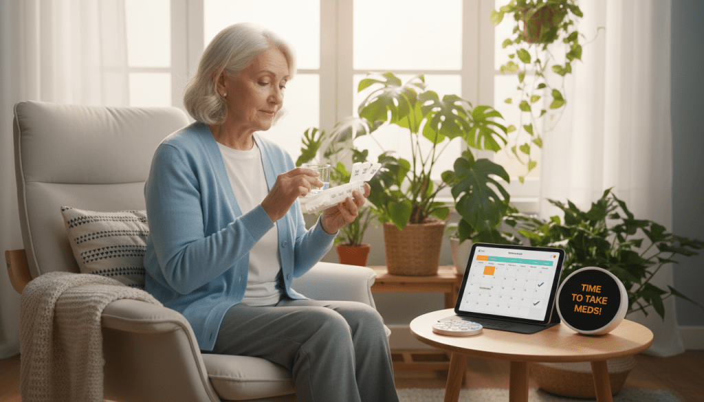 A bright and inviting living room scene, showcasing an elderly person seated comfortably in a modern armchair, wearing modest casual clothing, engaged in taking medication using an innovative pill organizer. In the foreground, display a well-designed, easy-to-use medication management system with clear compartments labeled by days of the week. In the middle, highlight a digital reminder device, like a tablet or smartphone, with a calendar app open, displaying reminders. The background features soft, warm lighting through a window, illuminating green plants and cozy decor, creating a safe and welcoming atmosphere. The focus is on clarity and accessibility, emphasizing effective solutions for medication adherence among seniors, evoking a supportive and proactive mood.