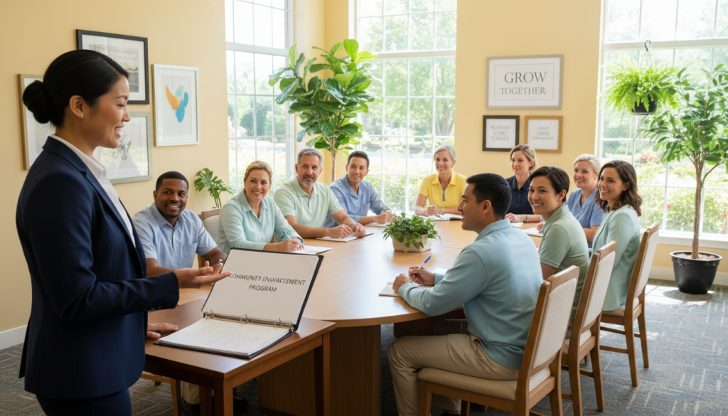 A bright and inviting scene of a staff training session in an assisted living community, showcasing a diverse group of healthcare professionals. In the foreground, a facilitator in professional attire stands at a small table, holding a presentation binder, engaging the attentive audience. The middle ground features staff members seated around a large oval table, some taking notes, others discussing amongst themselves, all dressed in smart casual clothing. In the background, large windows allow soft, natural light to stream in, illuminating the warm colors of the room decorated with plants and inspirational art. The atmosphere is collaborative and supportive, reflecting a positive and educational environment aimed at enhancing community initiatives and support systems for residents. A bright and inviting scene of a staff training session in an assisted living community, showcasing a diverse group of healthcare professionals. In the foreground, a facilitator in professional attire stands at a small table, holding a presentation binder, engaging the attentive audience. The middle ground features staff members seated around a large oval table, some taking notes, others discussing amongst themselves, all dressed in smart casual clothing. In the background, large windows allow soft, natural light to stream in, illuminating the warm colors of the room decorated with plants and inspirational art. The atmosphere is collaborative and supportive, reflecting a positive and educational environment aimed at enhancing community initiatives and support systems for residents.