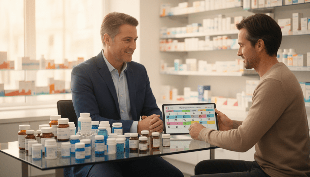 A bright, clean pharmacy setting in the foreground features a friendly pharmacist, a middle-aged individual in professional business attire, showing a patient-friendly demeanor. They are seated at a modern desk filled with labeled pill containers arranged neatly, showcasing various colors and sizes of medication. In the middle ground, a patient, dressed casually but modestly, is reviewing a simplified medication chart that outlines their regimen clearly. The background includes shelves stocked with neatly organized medications, soft lighting enhancing the inviting atmosphere. The overall feel is warm and reassuring, symbolizing support and clarity in medication management, with a shallow depth of field to emphasize the pharmacist and patient interaction.