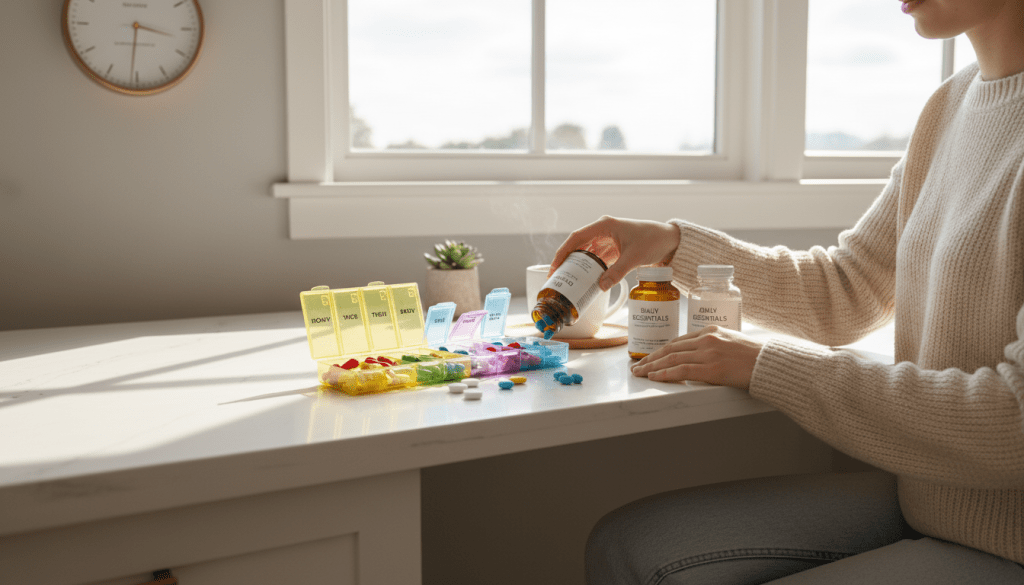 A bright, inviting kitchen countertop is set up for a weekly pill planner preparation. In the foreground, a colorful weekly pill organizer is open, displaying various compartments filled with a rainbow of pills and vitamins. A pair of clean, neatly organized pill bottles are beside it, showing a sense of order and health. In the middle background, a gentle light streams in through a window, illuminating the space with a warm glow. There’s a small, stylish clock on the wall, indicating that this is an organized, efficient setup. A person wearing modest casual clothing is carefully pouring pills into the planner, their hands steady and focused. The mood is calm and purposeful, conveying a sense of wellness and preparation for the week ahead.
