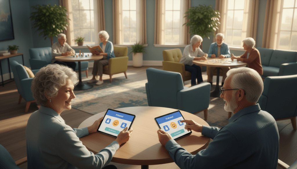 A bright, inviting space designed for older adults, featuring a cozy communal area with comfortable seating and tables where seniors engage in activities. In the foreground, two elderly individuals, one man and one woman, are seated at a table, discussing while using tablets, representing AI-powered check-in services. The middle ground shows additional seniors participating in various activities, like reading or playing games, fostering an atmosphere of connection and engagement. The background includes large windows letting in warm natural light, enhancing the welcoming feel. The overall mood is positive and vibrant, emphasizing social interaction and support for older adults. Capture this scene from a slightly elevated angle, creating depth and perspective, with a soft focus on the activity, allowing the viewer to feel immersed in the moment.