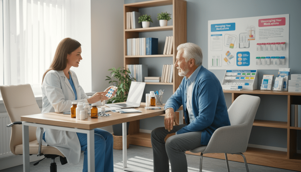 A bright, professional healthcare setting showcasing a medication review process for older patients. In the foreground, a compassionate healthcare professional, dressed in a crisp white lab coat, is seated at a well-organized desk filled with medicine bottles and a laptop, attentively discussing medications with an elderly patient in modest casual clothing. The middle ground features a neatly arranged display of pill organizers and informational brochures about polypharmacy, conveying an atmosphere of care and education. In the background, a shelf with medical books and plants adds a touch of warmth to the scene. Soft, natural lighting filters through a nearby window, enhancing the welcoming mood of the environment while emphasizing the importance of safety in medication management.