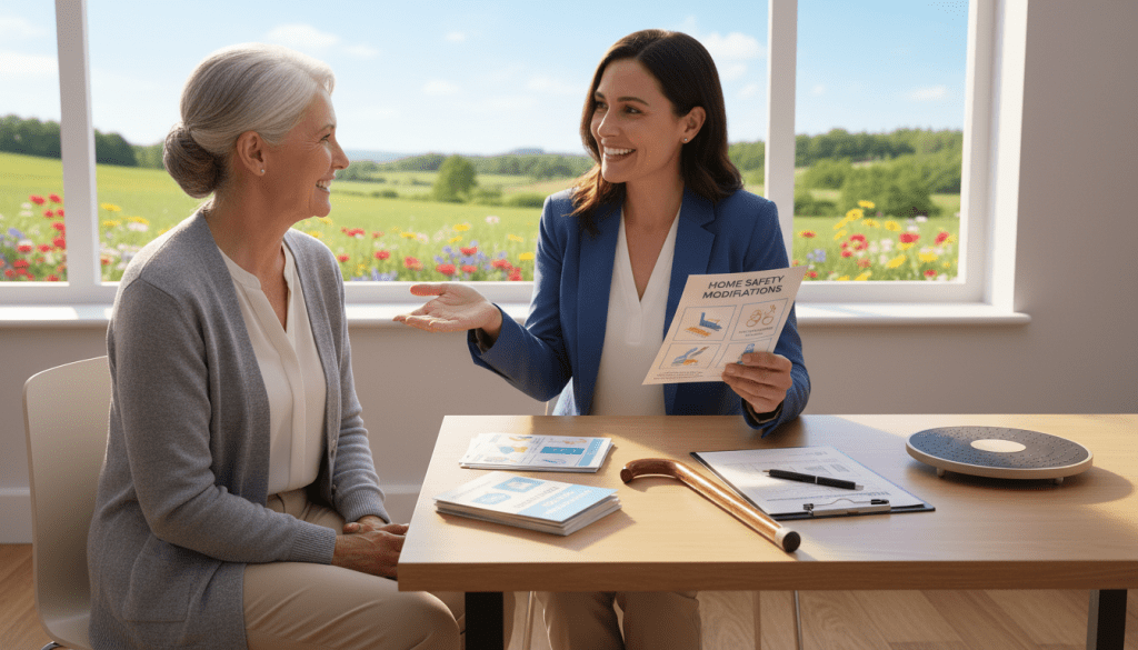 A bright, well-lit healthcare setting depicting a professional consultation for fall prevention strategies. In the foreground, a smiling healthcare professional, dressed in a smart business attire, is engaging with an older adult wearing modest casual clothing. They are surrounded by helpful resources such as pamphlets about home safety modifications, exercise programs for balance improvement, and visual aids displaying common fall hazards. In the middle, a table holds a checklist and a few medical devices like a cane and balance exercises equipment. The background features a serene, colorful landscape visible through a large window, suggesting a supportive, safe environment for recovery. The mood is reassuring and optimistic, with natural lighting illuminating the space to create a warm, inviting atmosphere, captured from a slightly elevated angle to convey a comprehensive view of the interaction. A bright, well-lit healthcare setting depicting a professional consultation for fall prevention strategies. In the foreground, a smiling healthcare professional, dressed in a smart business attire, is engaging with an older adult wearing modest casual clothing. They are surrounded by helpful resources such as pamphlets about home safety modifications, exercise programs for balance improvement, and visual aids displaying common fall hazards. In the middle, a table holds a checklist and a few medical devices like a cane and balance exercises equipment. The background features a serene, colorful landscape visible through a large window, suggesting a supportive, safe environment for recovery. The mood is reassuring and optimistic, with natural lighting illuminating the space to create a warm, inviting atmosphere, captured from a slightly elevated angle to convey a comprehensive view of the interaction.