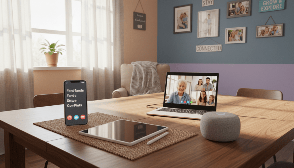 A bright, well-lit room featuring a table with various technology tools designed for senior communication. In the foreground, show a smartphone, a tablet, and a voice-activated assistant, all within easy reach. The middle ground should include a laptop open, displaying a friendly video call interface. In the background, soft pastel-colored walls decorated with family photos and motivational quotes create a warm atmosphere. Natural light streams in through a window adorned with light curtains, enhancing the inviting feel of the space. Capture the scene from a slightly elevated angle to emphasize the tools' accessibility and comfort. The overall mood should be welcoming and encouraging, making technology feel approachable for seniors.
