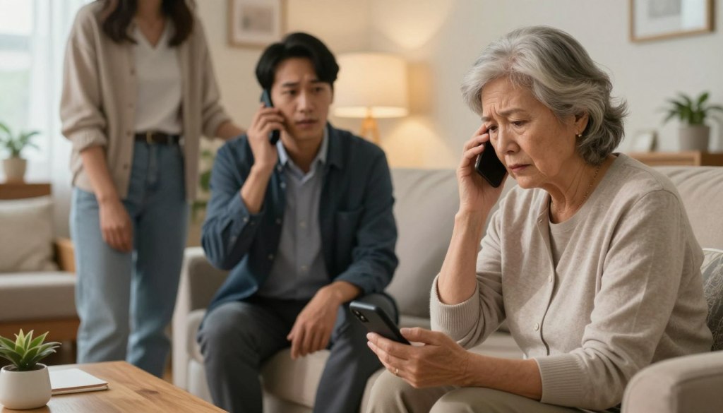 A calm and professional scene depicting an elder emergency. In the foreground, a concerned elderly person sits in a cozy living room setting, dressed in modest casual clothing, with a worried expression as they hold a phone. In the middle ground, a family member, also in professional attire, is kneeling beside them, making a call to 911, while a neighbor stands nearby, looking attentive and ready to assist. The background shows a warm, welcoming home with soft lighting, creating a sense of urgency yet comfort. The overall mood is one of immediate care and support in an emergency situation. Subtle branding for "JoyCalls" should be present in the scene, integrated seamlessly. The image is captured at eye level, emphasizing human connection and the importance of community in elder emergencies.