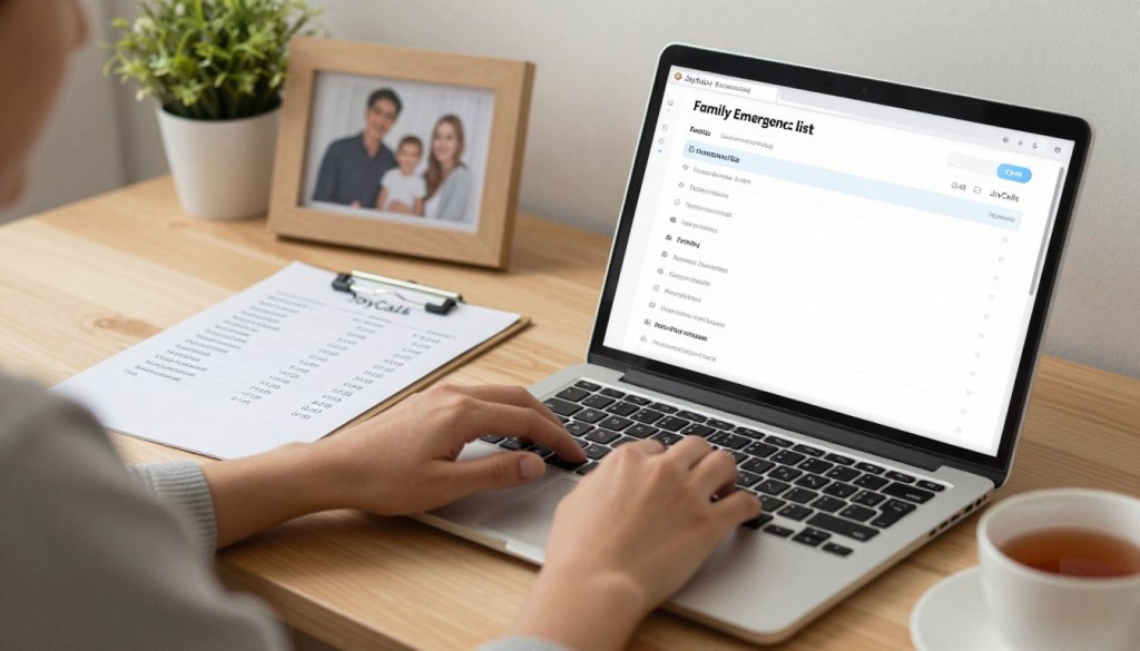 A calm, organized workspace featuring a digital family emergency contact list displayed on a sleek laptop screen. In the foreground, a pair of hands typing on the keyboard, wearing modest casual clothing. The middle layer shows a printed paper contact sheet with neatly written names and numbers, emphasizing the importance of family connections. In the background, soft, warm lighting creates a cozy atmosphere, with a family photo frame on a nearby desk adding a personal touch. A welcoming home environment is suggested with subtle elements like a plant and a cup of tea. The brand name "JoyCalls" subtly blends into the setup, reinforcing the theme of family readiness.