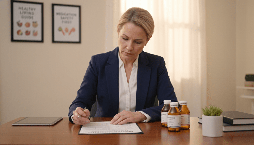 A caregiver, a middle-aged woman dressed in professional business attire, attentively reviews a detailed medication list at a well-organized desk. In the foreground, the medication list is clearly visible, showcasing a checklist format with neatly categorized sections for various medications. The middle ground features a few medicine bottles with labels, arranged next to a small potted plant. In the background, a softly lit room with warm tones, including framed health-related posters on the walls, creates a supportive and informative atmosphere. The lighting is bright yet gentle, highlighting the caregiver’s focused expression and the importance of meticulousness in medication management. This scene conveys the critical role of accurate medication lists for effective caregiving, emphasizing organization and attention to detail. A caregiver, a middle-aged woman dressed in professional business attire, attentively reviews a detailed medication list at a well-organized desk. In the foreground, the medication list is clearly visible, showcasing a checklist format with neatly categorized sections for various medications. The middle ground features a few medicine bottles with labels, arranged next to a small potted plant. In the background, a softly lit room with warm tones, including framed health-related posters on the walls, creates a supportive and informative atmosphere. The lighting is bright yet gentle, highlighting the caregiver’s focused expression and the importance of meticulousness in medication management. This scene conveys the critical role of accurate medication lists for effective caregiving, emphasizing organization and attention to detail.
