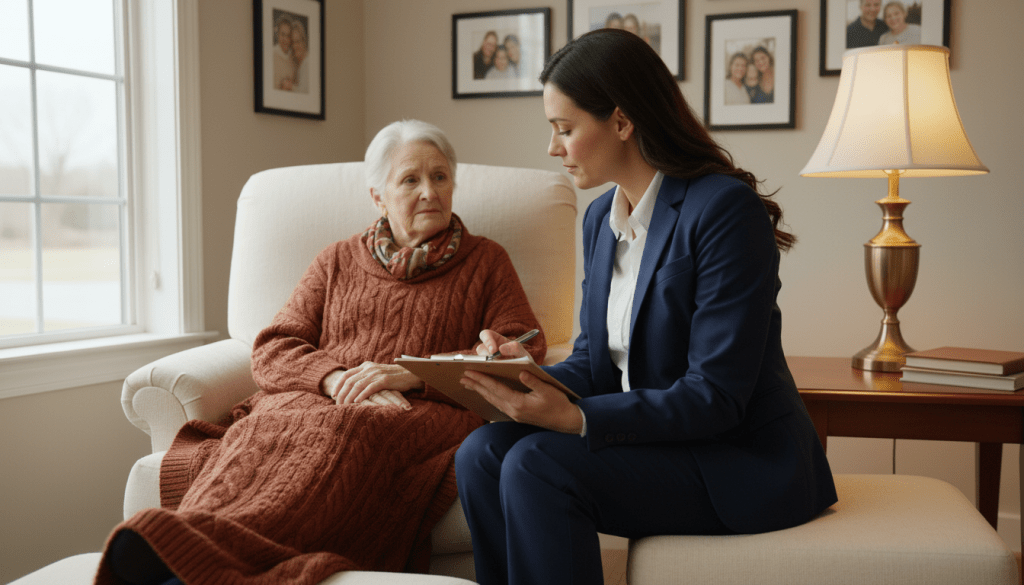 A caring adult child, in professional business attire, attentively sitting beside an elderly parent in a cozy, well-lit living room. The elderly parent is seated in an armchair, looking slightly concerned yet comfortable, with a warm blanket draped over their legs. The child is holding a clipboard, taking notes, showing a genuine expression of empathy and understanding. In the background, there are family photographs on the walls and a soft lamp casting a warm glow, enhancing the atmosphere of care and connection. The scene is captured using a natural light lens, creating a cozy yet professional mood, with a focus on the interaction between the two, conveying the importance of assessing the elderly parent's needs. A caring adult child, in professional business attire, attentively sitting beside an elderly parent in a cozy, well-lit living room. The elderly parent is seated in an armchair, looking slightly concerned yet comfortable, with a warm blanket draped over their legs. The child is holding a clipboard, taking notes, showing a genuine expression of empathy and understanding. In the background, there are family photographs on the walls and a soft lamp casting a warm glow, enhancing the atmosphere of care and connection. The scene is captured using a natural light lens, creating a cozy yet professional mood, with a focus on the interaction between the two, conveying the importance of assessing the elderly parent's needs.