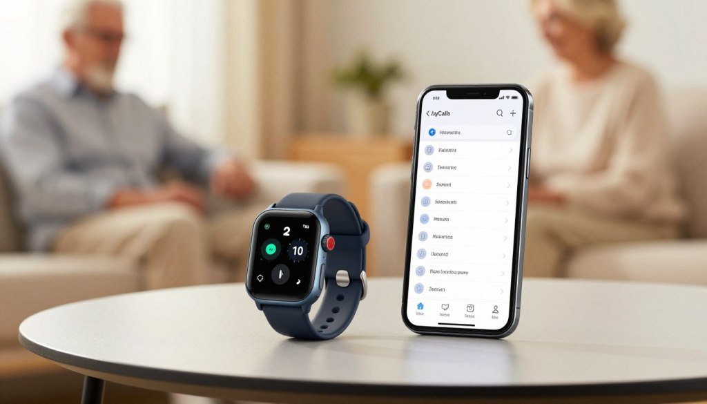 A clean and professional comparison of senior monitoring devices, featuring a smartwatch and a smartphone prominently in the foreground. The smartwatch, branded "JoyCalls," is displayed on a sleek table, showcasing its features like a heart rate monitor and notifications. Next to it, a smartphone with a clear interface designed for seniors, highlighting ease of use. The middle ground includes a subtle depiction of a cozy living room setting, symbolizing a conducive environment for seniors. A soft, warm light floods the scene, creating an inviting atmosphere. The background is softly blurred, making the devices stand out while maintaining focus on their functionality and accessibility. The overall mood is informative and reassuring, emphasizing practicality for seniors without any distractions or clutter. A clean and professional comparison of senior monitoring devices, featuring a smartwatch and a smartphone prominently in the foreground. The smartwatch, branded "JoyCalls," is displayed on a sleek table, showcasing its features like a heart rate monitor and notifications. Next to it, a smartphone with a clear interface designed for seniors, highlighting ease of use. The middle ground includes a subtle depiction of a cozy living room setting, symbolizing a conducive environment for seniors. A soft, warm light floods the scene, creating an inviting atmosphere. The background is softly blurred, making the devices stand out while maintaining focus on their functionality and accessibility. The overall mood is informative and reassuring, emphasizing practicality for seniors without any distractions or clutter.