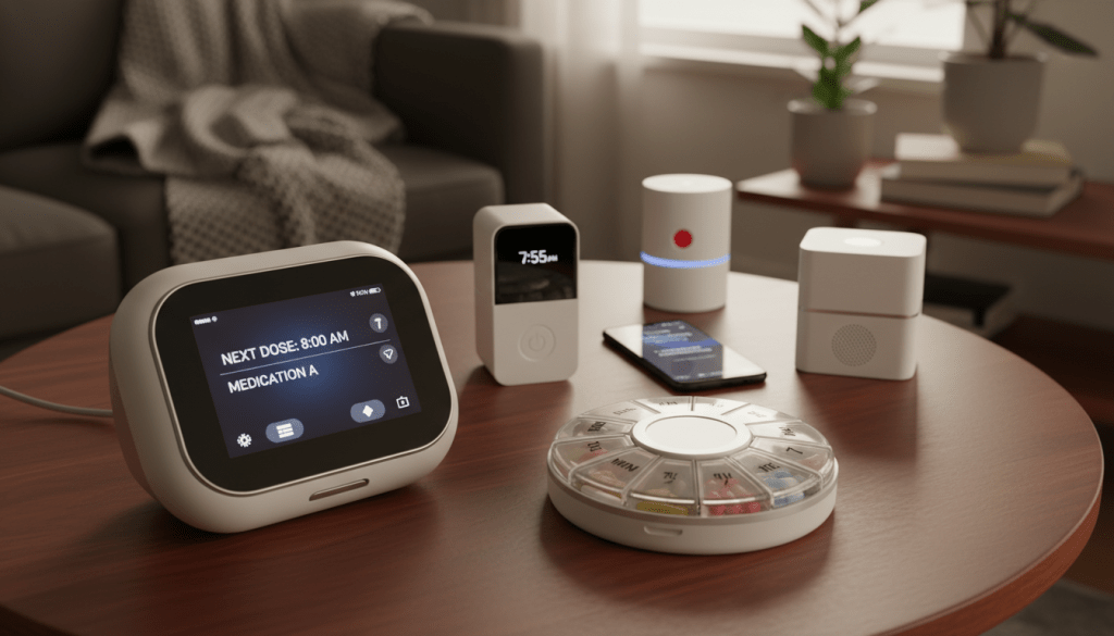 A clean, informative comparison of various automatic pill dispensers displayed on a polished wooden table. In the foreground, two distinct models are prominently featured: one sleek and modern with a touchscreen, and another traditional design featuring clear compartments. In the middle ground, a few smaller devices are arranged, showcasing their unique features like alarms and smartphone connectivity. The background fades softly, hinting at a cozy home setting with warm, diffused lighting to create an inviting atmosphere. Use a top-down angle for clarity, emphasizing details. The image conveys a sense of professionalism and innovation, suitable for an article exploring advancements in medication adherence.