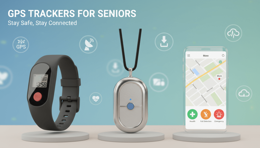 A clean, informative layout displaying a comparison of GPS trackers designed for seniors. In the foreground, feature sleek, user-friendly devices with different designs, colors, and sizes—one should resemble a wristband, another a pendant, and a third a smartphone app interface. In the middle ground, a soft gradient background enhances the focus on the devices, with subtle illustrative icons representing features like GPS, fall detection, and emergency alert buttons. The lighting is bright but soft, creating a friendly and reassuring atmosphere. Use a shallow depth of field to ensure the products are the main focus, with a slight bokeh effect in the background. The overall mood should be encouraging and supportive, emphasizing safety and convenience in elder care.
