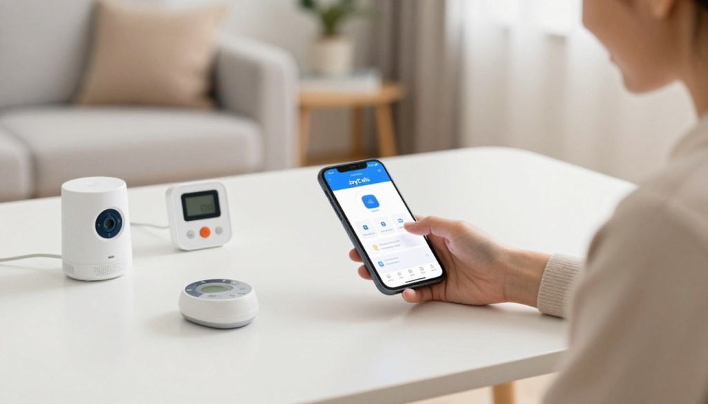 A clean, minimalistic workspace featuring a smartphone displaying the "JoyCalls" caregiver app on its screen. In the foreground, a professional caregiver dressed in smart casual attire interacts with the app, tapping on safety device notifications. The middle ground includes various low-tech safety devices like a motion sensor, emergency alert button, and a medication reminder. The background is a softly lit home environment, reflecting a warm and safe atmosphere, with cozy furniture and subtle decorations to emphasize a nurturing space. The image is shot from a slightly elevated angle, capturing the interaction and technology harmoniously, while maintaining clarity and a professional tone.