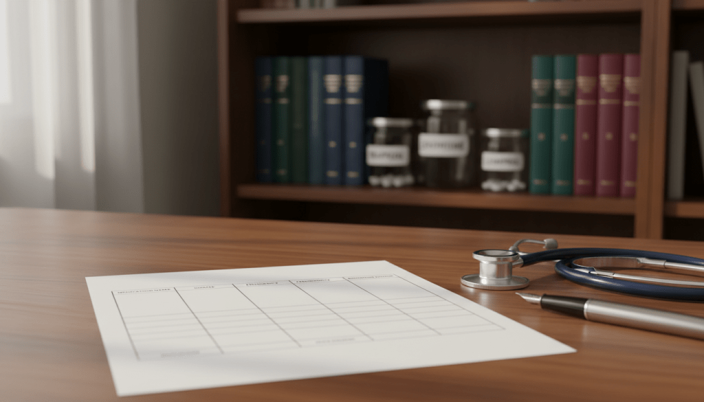 A clean, professional medication list template displayed on a wooden desk. In the foreground, the template features clearly defined sections for medication names, dosages, frequencies, and prescribing doctors, with elegant dividers and a simple layout. The middle of the image includes a stethoscope and a pen placed beside the template, emphasizing a healthcare context. The background is softly blurred, revealing shelves filled with organized medical books and clear jars labeled with various medications, creating a knowledgeable atmosphere. Warm, natural light filters in from a nearby window, lending a reassuring and inviting tone to the scene, while the overall composition conveys a sense of order and professionalism.