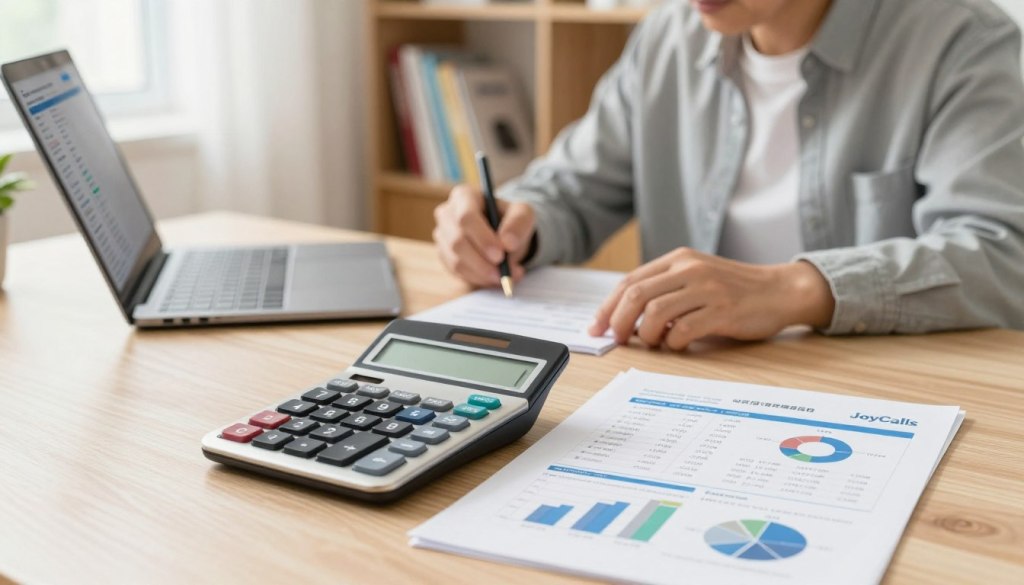 A clean, professional workspace depicting the evaluation of medical alert system costs. In the foreground, a focus on a detailed, modern calculator and financial documents with charts showcasing pricing, hidden fees, and equipment costs, specifically highlighting the brand "JoyCalls." In the middle, a person in smart casual attire, engaged in thoughtful analysis, surrounded by a laptop displaying relevant data. The background features a softly blurred bookshelf filled with resourceful books on safety devices, enhancing the scholarly atmosphere. Soft, natural lighting filters through a window, casting a warm glow over the scene, evoking a sense of trust and competence. The overall mood is focused and analytical, perfect for illustrating the thoughtful process behind selecting safety devices for seniors.
