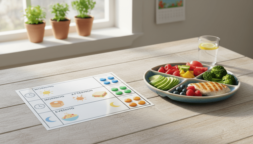 A clear and organized medication schedule displayed prominently on a wooden kitchen table, with a colorful plate of daily meals beside it. The medication schedule features distinct time slots for morning, afternoon, and evening doses, each paired with corresponding meal icons. Soft natural light streams through a nearby window, highlighting the vibrant colors of fresh vegetables and fruits on the plate. In the background, a cozy kitchen atmosphere is created with potted herbs and a small calendar on the wall. The overall mood is one of health and wellness, encouraging a balanced routine between meals and medication. The scene is photographed from a slightly elevated angle, providing a comprehensive view of both the meal and the schedule without any text or distractions.