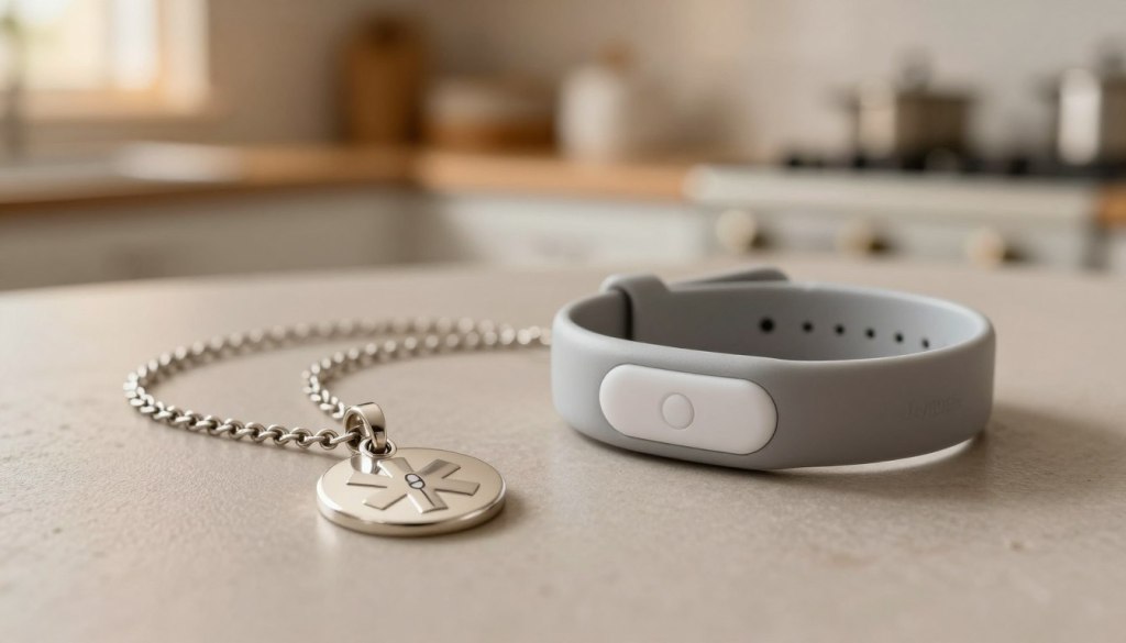A close-up image contrasting a medical alert pendant and a wristband on a neutral-toned surface. The pendant, made of polished silver, is adorned with a subtle medical symbol, its chain elegantly draped alongside it. The wristband, sturdy yet stylish, features a smooth texture with an embedded alert button. In the background, a softly blurred kitchen scene reflects a homey atmosphere, with warm, ambient lighting illuminating the products. The focus should be sharp, showcasing the details of both devices, while the overall mood is calm and reassuring, highlighting their importance for seniors. The brand "JoyCalls" should be subtly indicated on the wristband.