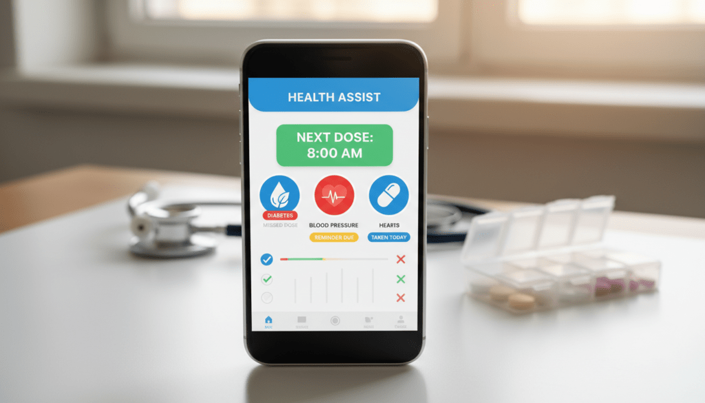 A close-up view of a sleek smartphone displaying a vibrant and user-friendly medication reminder app on its screen. The app interface features intuitive icons for diabetes, blood pressure, and heart medication reminders, with colorful notifications and an engaging layout. In the foreground, the smartphone is placed on a clean, white surface, suggesting a home or office environment. The background features soft-focus elements like a stethoscope and a pill organizer, creating a health-oriented atmosphere. The lighting is warm and inviting, emphasizing the smartphone's screen to make it appear modern and accessible. The overall mood is positive and encouraging, portraying technology as a helpful tool for medication adherence. A close-up view of a sleek smartphone displaying a vibrant and user-friendly medication reminder app on its screen. The app interface features intuitive icons for diabetes, blood pressure, and heart medication reminders, with colorful notifications and an engaging layout. In the foreground, the smartphone is placed on a clean, white surface, suggesting a home or office environment. The background features soft-focus elements like a stethoscope and a pill organizer, creating a health-oriented atmosphere. The lighting is warm and inviting, emphasizing the smartphone's screen to make it appear modern and accessible. The overall mood is positive and encouraging, portraying technology as a helpful tool for medication adherence.