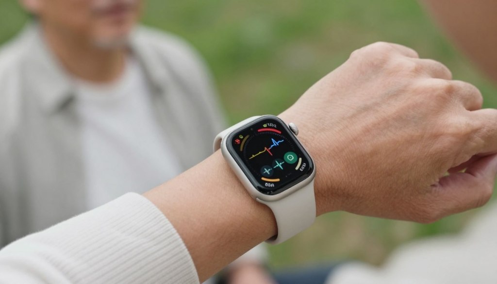 A close-up view of an Apple Watch Series 9 showcasing its health monitoring features, prominently displaying the heart rate monitor and ECG functionality. The watch is worn by an older adult in a modest casual outfit, engaged in a calm outdoor setting, conveying a sense of well-being. The foreground captures the detailed watch face, with vibrant graphics highlighting health metrics like heart rate and activity levels. In the middle, soft-focus greenery provides a serene backdrop, enhancing the health-focused theme. Utilize natural soft lighting to create a warm, inviting atmosphere, and a slight overhead angle to emphasize the watch's features without distractions. The scene is clean and minimal, reflecting a professional tone, ideal for a wellness article by JoyCalls. A close-up view of an Apple Watch Series 9 showcasing its health monitoring features, prominently displaying the heart rate monitor and ECG functionality. The watch is worn by an older adult in a modest casual outfit, engaged in a calm outdoor setting, conveying a sense of well-being. The foreground captures the detailed watch face, with vibrant graphics highlighting health metrics like heart rate and activity levels. In the middle, soft-focus greenery provides a serene backdrop, enhancing the health-focused theme. Utilize natural soft lighting to create a warm, inviting atmosphere, and a slight overhead angle to emphasize the watch's features without distractions. The scene is clean and minimal, reflecting a professional tone, ideal for a wellness article by JoyCalls.