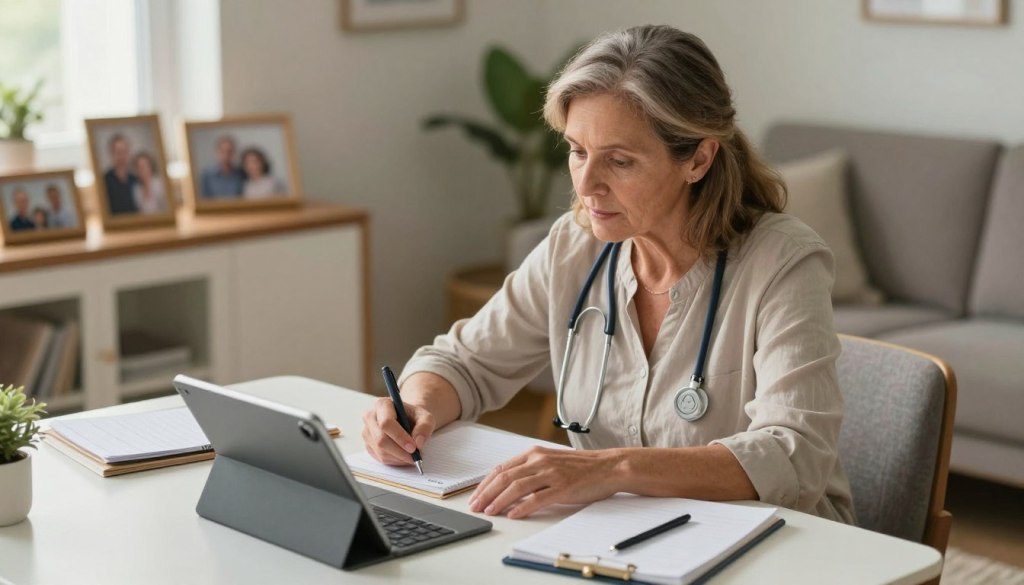 A compassionate caregiver, a middle-aged woman in modest casual clothing, is sitting at a well-organized table, surrounded by notepads and a tablet, assessing the needs of her elderly loved one. The woman has a thoughtful expression, with soft natural lighting illuminating her features. In the background, there are family photos and a cozy living room setting, conveying warmth and familiarity. The angle is slightly above eye-level, capturing both the caregiver’s focused demeanor and the items she is reviewing. The atmosphere is one of care and diligence, reflecting the importance of her task. JoyCalls logo subtly placed somewhere in the scene, enhancing the theme of distant caregiving without being intrusive.