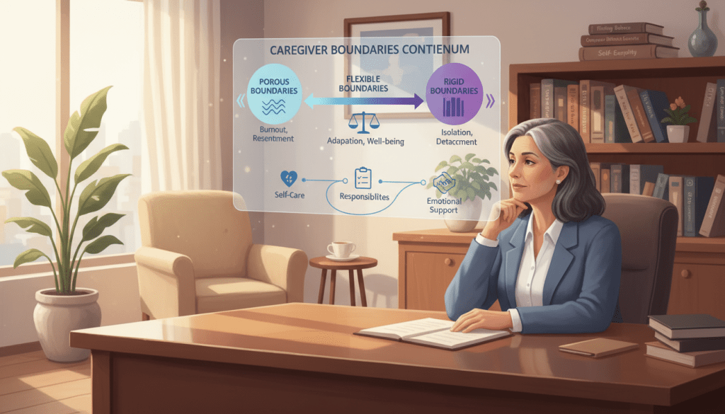 A conceptual illustration of "caregiver boundaries continuum," featuring a tranquil office setting. In the foreground, a professional-looking caregiver in modest business attire is seated at a desk, contemplating a flowchart that highlights different boundaries with visual cues like arrows and gradients, symbolizing flexibility and strength. In the middle, various icons representing self-care, responsibilities, and emotional support are linked by a fluid line, emphasizing the balance between personal and professional life. The background includes soft, warm lighting, a potted plant, and shelves filled with calming books, creating a serene atmosphere. The overall mood is reflective and empowering, inviting viewers to consider the significance of establishing healthy boundaries.
