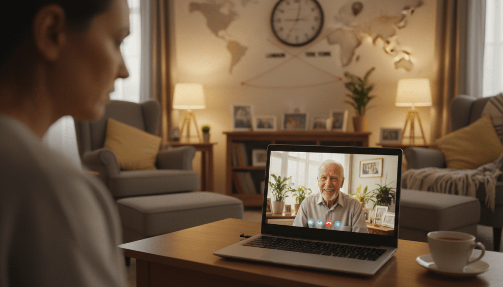 A concerned adult child gazes at a laptop in a cozy, warmly lit living room, displaying a video call with their elderly parent on the screen. The parent, sitting in a well-furnished, sunlit room filled with family photos and plants, looks both joyful and lonely. In the foreground, a soft focus on the child's worried expression conveys the emotional weight of long-distance caregiving. In the middle ground, the laptop screen shows the parent's cheerful smile, while the background features elements representing distance, like a map or clock showing different time zones. The overall atmosphere is a blend of warmth and concern, emphasizing the challenges of maintaining connection across miles. Soft ambient lighting enhances the intimate and thoughtful mood.