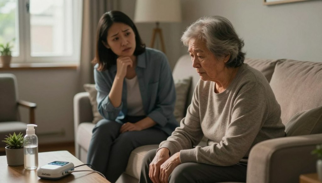 A concerned adult child gently observing an elderly parent sitting alone in a cozy, dimly lit living room, depicting signs of elder decline. The foreground features the elderly parent, a frail individual in modest casual clothing, looking withdrawn and isolated on a plush sofa, surrounded by scattered daily living items. The middle ground showcases the adult child, dressed in professional attire, with a worried expression and a hand on their chin, conveying the emotion of concern. In the background, a window with soft, natural light filters in, casting a warm glow over the scene while suggesting the passing of time. The atmosphere is somber yet compassionate, aimed at highlighting the changes in social behavior and the impact of isolation on seniors. The brand "JoyCalls" is subtly incorporated into the setting, perhaps on a nearby table, as a symbol of connection.
