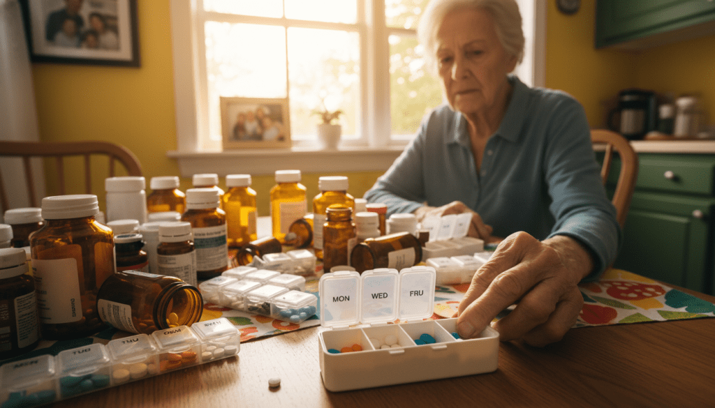 A concerned elderly person sitting at a kitchen table cluttered with various prescription bottles and pill organizers, displaying a mix of confusion and determination. In the foreground, close-up of a hand holding a pill organizer with compartments labeled for each day of the week. In the middle ground, a sunny kitchen with bright, warm lighting illuminating colorful medication bottles, some open, showcasing different types of pills. The background features a family photo on the wall, emphasizing the importance of family support. The overall atmosphere conveys a blend of challenge and hope, illustrating the struggle of managing medication while highlighting the need for organizational systems to assist seniors in remembering their meds.