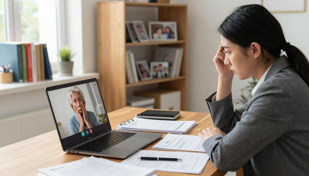 A concerned individual, dressed in professional business attire, is sitting at a wooden desk cluttered with caregiving notes and medical files, depicting the challenges of long-distance caregiving for an only child. In the foreground, a laptop with a video call interface shows a distant elderly parent looking frail and worried. The middle ground contains shelves filled with caregiving resources—books, pamphlets, and photos of family memories. The background features a cozy home office environment illuminated by soft, natural light filtering through a window, creating a warm yet stressful atmosphere. The overall mood is one of compassion mixed with tension, capturing the unique emotional struggles faced by caregivers. The brand name "JoyCalls" is subtly integrated into the setting, enhancing the theme of caregiving support. A concerned individual, dressed in professional business attire, is sitting at a wooden desk cluttered with caregiving notes and medical files, depicting the challenges of long-distance caregiving for an only child. In the foreground, a laptop with a video call interface shows a distant elderly parent looking frail and worried. The middle ground contains shelves filled with caregiving resources—books, pamphlets, and photos of family memories. The background features a cozy home office environment illuminated by soft, natural light filtering through a window, creating a warm yet stressful atmosphere. The overall mood is one of compassion mixed with tension, capturing the unique emotional struggles faced by caregivers. The brand name "JoyCalls" is subtly integrated into the setting, enhancing the theme of caregiving support.