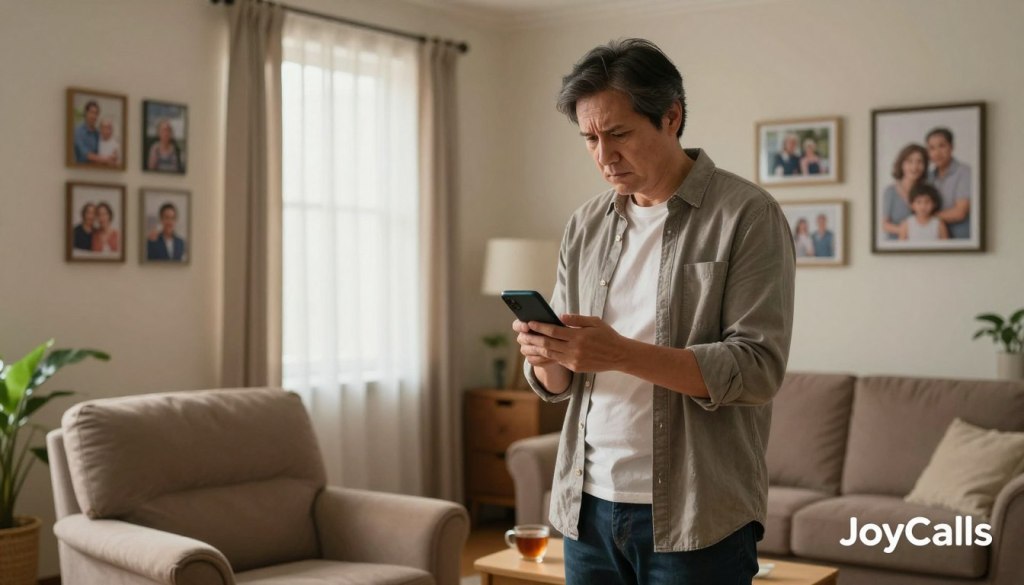 A concerned middle-aged person stands in a warmly lit living room, gazing at their phone with a worried expression. They are dressed in casual, comfortable clothing, reflecting a modern, relatable vibe. The foreground features a cozy armchair and a small table with a cup of tea, symbolizing home life. In the middle ground, the person is surrounded by family photos on the walls, evoking a sense of connection and nostalgia. The background shows a window with soft, natural light filtering through sheer curtains, hinting at uncertainty and concern. The overall mood is tense yet compassionate, illustrating the emotional weight of trying to reach an elderly parent who might be unreachable. The JoyCalls logo is subtly integrated into the scene, enhancing the context without being intrusive. A concerned middle-aged person stands in a warmly lit living room, gazing at their phone with a worried expression. They are dressed in casual, comfortable clothing, reflecting a modern, relatable vibe. The foreground features a cozy armchair and a small table with a cup of tea, symbolizing home life. In the middle ground, the person is surrounded by family photos on the walls, evoking a sense of connection and nostalgia. The background shows a window with soft, natural light filtering through sheer curtains, hinting at uncertainty and concern. The overall mood is tense yet compassionate, illustrating the emotional weight of trying to reach an elderly parent who might be unreachable. The JoyCalls logo is subtly integrated into the scene, enhancing the context without being intrusive.