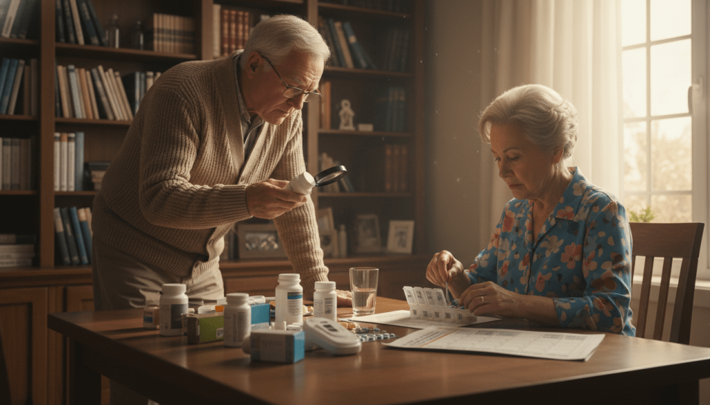A concerned senior man and woman in a well-lit, cozy living room, sitting at a wooden table cluttered with various pill bottles and medication organizers. The man, wearing glasses and a cardigan, is checking a pill bottle with a worried expression, while the woman, in a floral blouse, is helping him by sorting pills into a weekly organizer. In the background, a bookshelf is filled with books on health and wellness, and a window lets in soft, warm sunlight, creating a calm and reflective atmosphere. The mood is serious but hopeful, emphasizing the importance of careful medication management. The scene is framed from a slight angle to capture their interaction and the medication details clearly, ensuring a clear and informative image of medication errors in seniors.