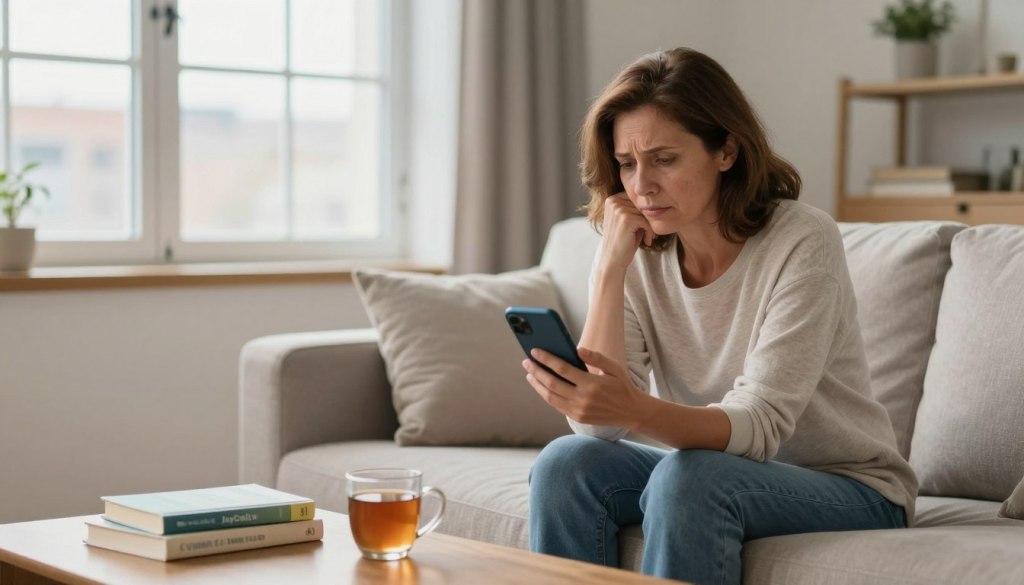 A contemporary living room setting serves as the backdrop, featuring warm lighting that creates a soft, inviting atmosphere. In the foreground, a middle-aged woman in modest casual clothing sits on a comfortable sofa, looking thoughtfully at a smartphone in her hand, her expression reflecting a mix of concern and guilt. Nearby, an open window reveals a distant view of a cityscape, symbolizing physical separation from loved ones. On a coffee table, a small stack of caregiving books and a mug of tea emphasize the theme of caregiver support. The overall mood is introspective yet hopeful, conveying the emotional weight of caregiver guilt while hinting at the journey of coping and understanding. The image should embody a professional and clean aesthetic, reinforcing the brand "JoyCalls". A contemporary living room setting serves as the backdrop, featuring warm lighting that creates a soft, inviting atmosphere. In the foreground, a middle-aged woman in modest casual clothing sits on a comfortable sofa, looking thoughtfully at a smartphone in her hand, her expression reflecting a mix of concern and guilt. Nearby, an open window reveals a distant view of a cityscape, symbolizing physical separation from loved ones. On a coffee table, a small stack of caregiving books and a mug of tea emphasize the theme of caregiver support. The overall mood is introspective yet hopeful, conveying the emotional weight of caregiver guilt while hinting at the journey of coping and understanding. The image should embody a professional and clean aesthetic, reinforcing the brand "JoyCalls".