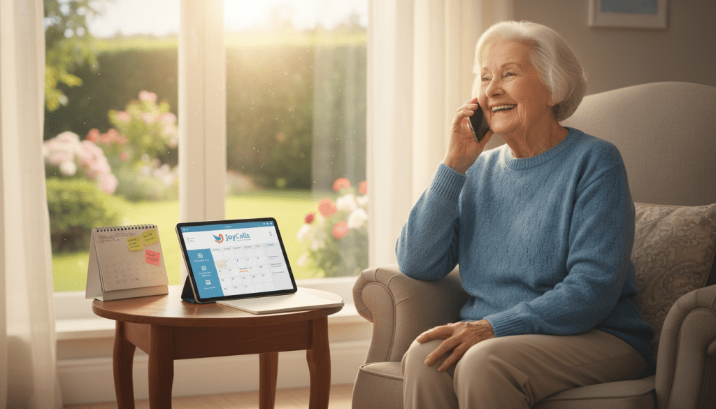 A cozy and inviting scene depicting the service features of JoyCalls for senior care. In the foreground, a smiling, older adult in comfortable, modest casual clothing is sitting in a well-lit, cheerful living room, holding a smartphone to their ear, expressing joy and engagement during a call. In the middle, a tablet on a nearby table displays a vibrant interface featuring the JoyCalls logo and service features, such as scheduling and check-in reminders, while a calendar is also visible, filled with notes. The background shows a window with sunlight streaming in, softening the room with warm light and a view of a serene garden outside. The overall mood is uplifting and supportive, emphasizing connection and comfort in senior care. A cozy and inviting scene depicting the service features of JoyCalls for senior care. In the foreground, a smiling, older adult in comfortable, modest casual clothing is sitting in a well-lit, cheerful living room, holding a smartphone to their ear, expressing joy and engagement during a call. In the middle, a tablet on a nearby table displays a vibrant interface featuring the JoyCalls logo and service features, such as scheduling and check-in reminders, while a calendar is also visible, filled with notes. The background shows a window with sunlight streaming in, softening the room with warm light and a view of a serene garden outside. The overall mood is uplifting and supportive, emphasizing connection and comfort in senior care.
