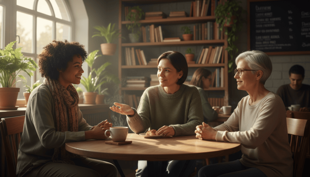 A cozy coffee shop scene where a group of three diverse individuals, dressed in modest casual clothing, are engaged in warm conversation at a round table. In the foreground, a steaming cup of coffee sits invitingly, while one person leans forward, smiling, portraying openness and connection. In the middle ground, a window lets in soft, natural light that bathes the space in a gentle glow, highlighting their expressions of support and camaraderie. The background captures the inviting interior of the café, with bookshelves filled with books and plants adding a comforting touch. The atmosphere is warm and hopeful, evoking a sense of rebuilding social connections after loss, filled with understanding and empathy.