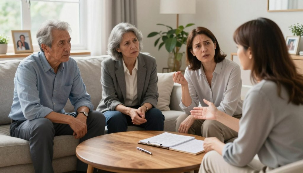 A cozy family caregiving meeting taking place in a well-lit, inviting living room. In the foreground, three adult siblings sit around a round wooden coffee table, all dressed in professional business attire. They exhibit expressions of concern and determination as they discuss elder care strategies. One sibling, a woman with short brown hair, gestures towards a notepad filled with notes. In the middle ground, a light gray sofa is adorned with family photos and a plant, enhancing the familial atmosphere. In the background, a window allows soft natural light to filter in, creating a warm ambiance. The scene conveys collaboration, understanding, and a supportive mood. Ideally, the image captures the essence of family unity and the importance of effective communication in elder care decisions. Brand logo: JoyCalls, subtly visible on the notepad.
