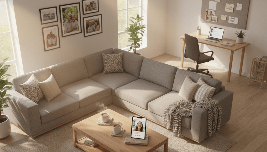 A cozy home environment showcasing modern communication tools that enhance family connectivity. In the foreground, a sleek smartphone displaying a video call with a smiling family member, alongside a tablet with alerts for scheduled check-ins. In the middle ground, a comfortable living room with a stylish couch and a family photo wall, softly illuminated by warm, natural light coming through a window. In the background, a workstation with a laptop and digital reminders on a nearby bulletin board. The atmosphere conveys warmth, connection, and technological serenity, inviting the viewer to appreciate the role of digital tools in maintaining family bonds. Use a high-angle shot to capture the entire scene, emphasizing the family-friendly tech and inviting ambiance.