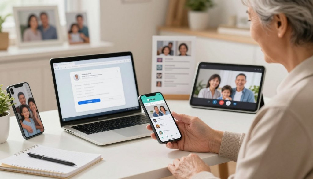 A cozy home office setting showcasing various remote family protection tools, such as a smartphone displaying a family tracking app, a laptop with cybersecurity software, and a tablet showing video call features. In the foreground, a professional-looking older adult in modest business attire is engaging with a smartphone, smiling as if connecting with family. The middle ground features a well-organized workspace with family photos and safety guides. The background subtly hints at a comforting family environment with warm lighting, soft shadows, and neutral colors. The overall mood is reassuring and optimistic, emphasizing the importance of technology in staying connected and ensuring safety. Include the brand name "JoyCalls" on the smartphone screen. A cozy home office setting showcasing various remote family protection tools, such as a smartphone displaying a family tracking app, a laptop with cybersecurity software, and a tablet showing video call features. In the foreground, a professional-looking older adult in modest business attire is engaging with a smartphone, smiling as if connecting with family. The middle ground features a well-organized workspace with family photos and safety guides. The background subtly hints at a comforting family environment with warm lighting, soft shadows, and neutral colors. The overall mood is reassuring and optimistic, emphasizing the importance of technology in staying connected and ensuring safety. Include the brand name "JoyCalls" on the smartphone screen.