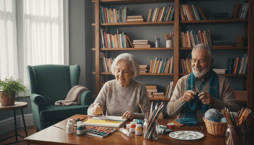 A cozy indoor scene depicting a warm atmosphere where seniors engage in simple hobbies that promote creativity and comfort. In the foreground, an elderly woman in modest casual clothing is seated at a well-lit table, painting on a canvas, with vibrant colors spread out around her. Next to her, an elderly man is gently knitting a scarf, wearing comfortable attire, with a joyful smile on his face. In the middle ground, shelves filled with books and art supplies are lined up, creating an inviting environment. Soft, natural light filters through a nearby window, casting a gentle glow over the room, enhancing the peaceful mood. The background features a cozy armchair with a small plant beside it, contributing to the serene ambiance, emphasizing the theme of relaxation and creativity.