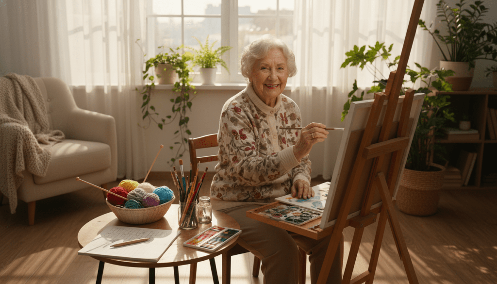 A cozy indoor setting depicting a senior individual engaging in various budget-friendly hobbies. In the foreground, a smiling older woman in modest casual clothing is painting on a canvas, surrounded by art supplies like brushes and colored pencils. In the middle ground, a small table holds a collection of activities, including knitting yarn and a crossword puzzle book. The background features warm, soft lighting coming from a nearby window, casting gentle shadows and creating a welcoming atmosphere. Houseplants add a touch of greenery, while a comfortable armchair suggests a relaxing space. The mood is cheerful and inviting, emphasizing leisurely activities that promote joy and creativity for seniors on a budget.