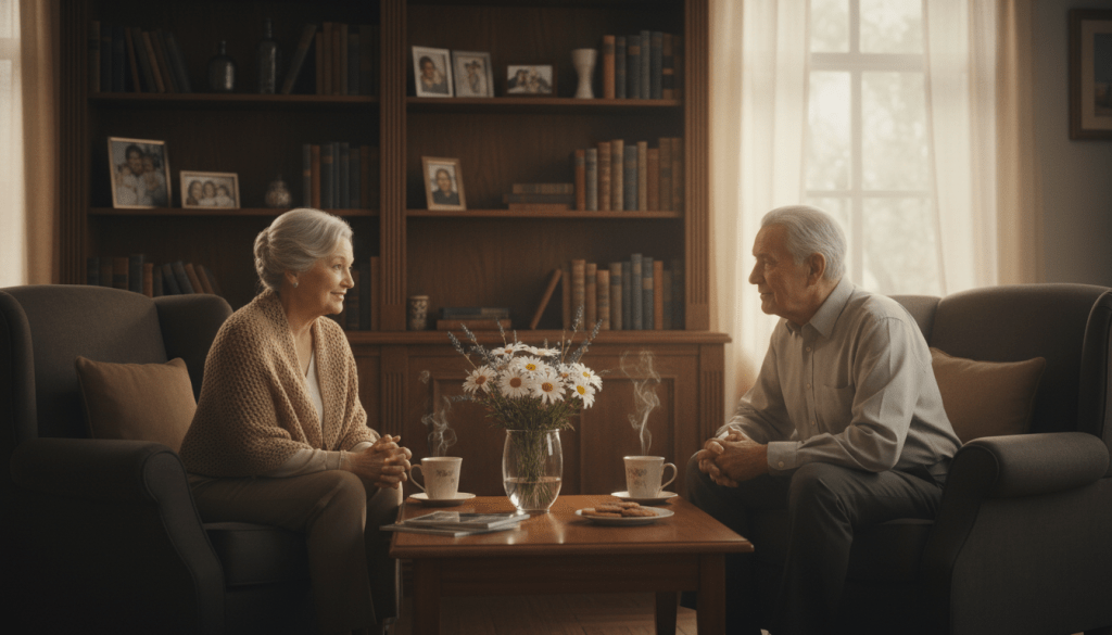 A cozy, inviting room designed for senior conversations, featuring soft, warm lighting that creates a welcoming atmosphere. In the foreground, two seniors in modest casual clothing are seated comfortably in plush armchairs, engaged in a relaxed conversation. The middle section displays a small, round coffee table with a vase of fresh flowers and steaming cups of herbal tea, adding to the warmth. In the background, a softly lit bookshelf filled with well-loved books and family photos enhances the personal touch, while a large window allows gentle natural light to filter in. The overall mood is calm and supportive, perfect for fostering deep, meaningful exchanges.