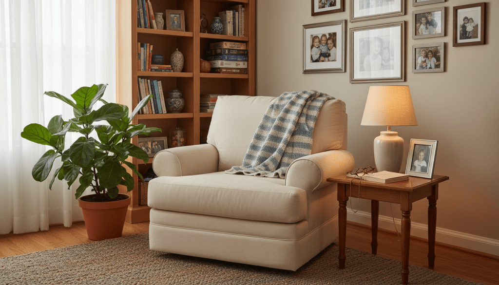 A cozy living room designed for aging parents, featuring a comfortable armchair with a soft blanket draped over it, a side table with a warm lamp casting a gentle glow. In the foreground, a pair of prescription glasses rests on the table, emphasizing assistance for daily activities. The middle ground displays a vibrant potted plant and framed family photos on the walls, creating a sense of connection and warmth. The background includes a well-organized bookshelf filled with engaging books and games. Soft sunlight filters through sheer curtains, bathing the room in a peaceful, inviting light. The atmosphere is serene and nurturing, evoking feelings of safety and support in the home environment.