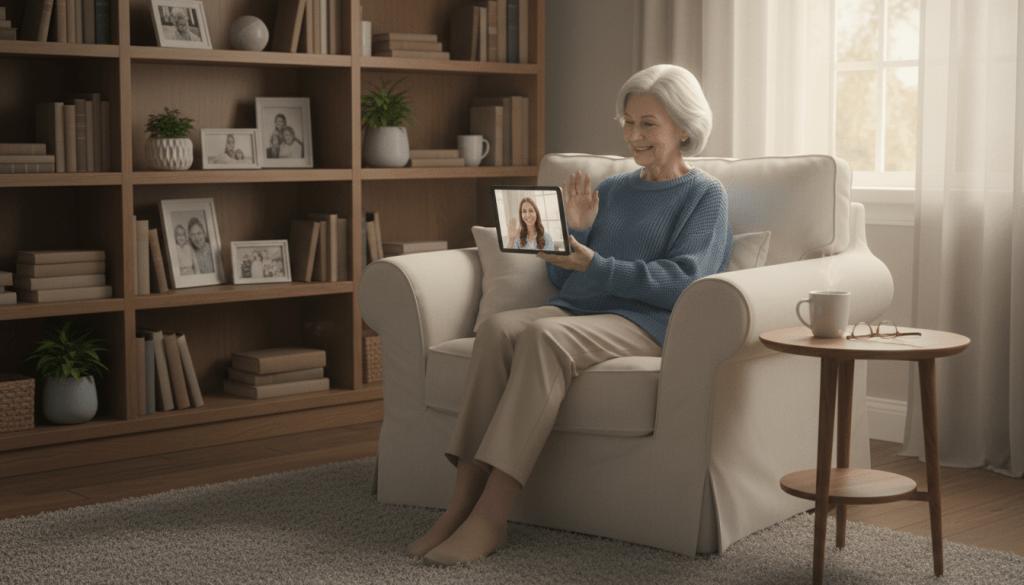 A cozy living room designed for elderly care at home, featuring a comfortable, inviting armchair and a small side table with a tablet displaying a video call interface. In the foreground, an elderly person in modest casual clothing is sitting in the armchair, smiling as they interact with a family member on the screen. The middle ground includes shelves with books and framed family photos, conveying warmth and connection. The background shows a well-lit window with gentle sunlight streaming in, creating a serene atmosphere. Soft, neutral colors dominate the scene, along with gentle shadows for depth. The image captures a sense of modern technology supporting emotional well-being in elder care, emphasizing comfort and connection.