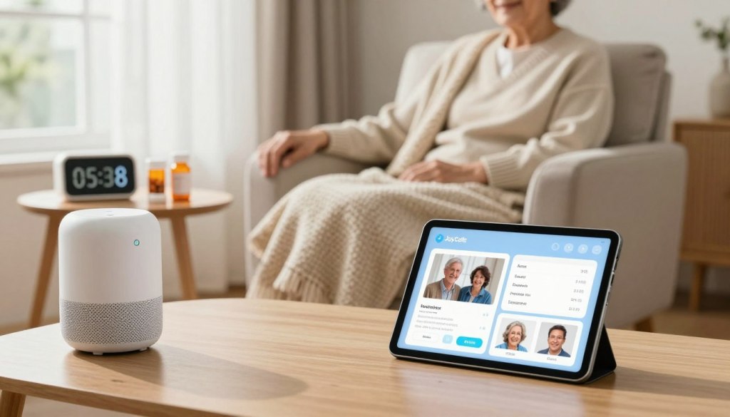 A cozy living room designed for elderly care, featuring advanced smart home devices for monitoring. In the foreground, a sleek, modern tablet displaying a user-friendly interface for checking in on loved ones, alongside a JoyCalls smart speaker. The middle ground includes a comfortable armchair with a cozy blanket draped over it, complemented by a small side table holding a few prescription pill bottles and a digital clock with large, easy-to-read numbers. The background shows a sunny window with sheer curtains, creating a warm and inviting atmosphere. Soft, natural lighting enhances the scene, simulating a peaceful afternoon. Capture the mood of security and care, emphasizing the integration of technology to enhance the quality of life for elderly parents. A cozy living room designed for elderly care, featuring advanced smart home devices for monitoring. In the foreground, a sleek, modern tablet displaying a user-friendly interface for checking in on loved ones, alongside a JoyCalls smart speaker. The middle ground includes a comfortable armchair with a cozy blanket draped over it, complemented by a small side table holding a few prescription pill bottles and a digital clock with large, easy-to-read numbers. The background shows a sunny window with sheer curtains, creating a warm and inviting atmosphere. Soft, natural lighting enhances the scene, simulating a peaceful afternoon. Capture the mood of security and care, emphasizing the integration of technology to enhance the quality of life for elderly parents.