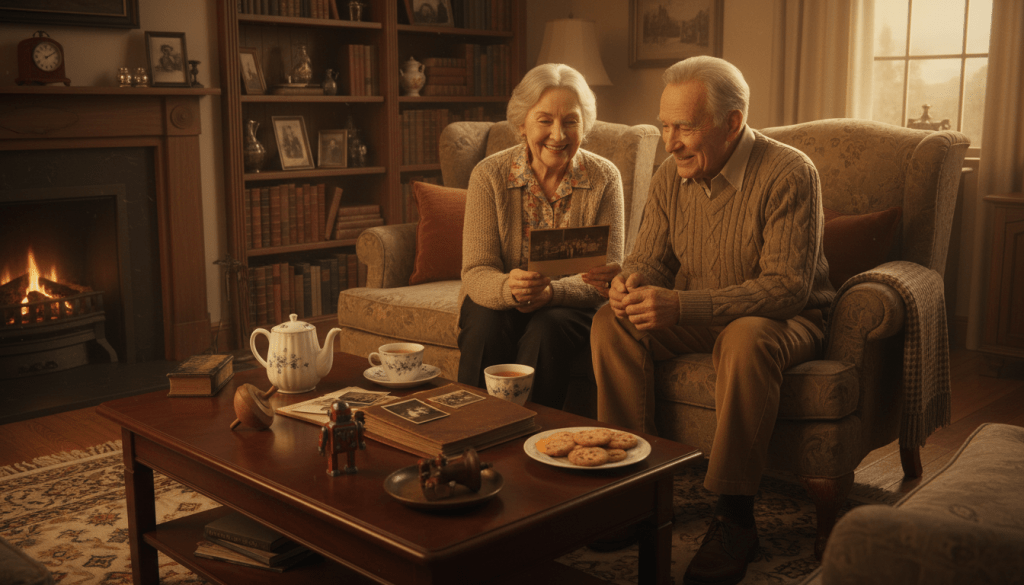 A cozy living room scene evoking nostalgia, with a warm, inviting atmosphere enriched by soft, golden lighting. In the foreground, an elegantly set coffee table displays a collection of vintage items, such as a classic children's toy, a photo album filled with sepia-toned pictures, and a delicate porcelain tea set. In the middle ground, two seniors, a male and a female, casually dressed in comfortable, modest clothing, are engaged in conversation, their expressions reflecting warmth and joy as they share stories from their childhood. In the background, a bookshelf brimming with cherished books and family photos creates an intimate setting. The angle is slightly elevated, providing a broad view of the room while focusing on the interaction between the seniors, promoting a sense of connection and reminiscence. The overall mood is heartwarming and reflective, inviting viewers to engage in similar conversations.