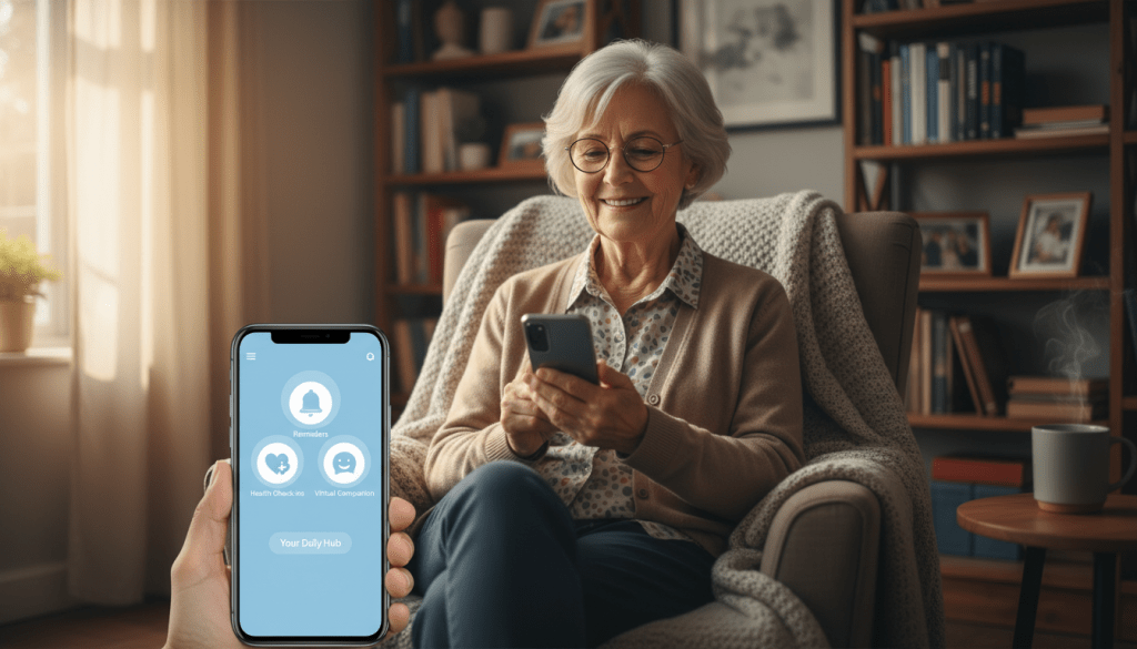 A cozy living room scene featuring a senior person sitting comfortably in an armchair, interacting with a sleek, modern smartphone equipped with personalized companion technology. The foreground showcases the phone displaying a user-friendly interface with icons representing reminders, health check-ins, and virtual companionship features. In the middle ground, the senior is dressed in modest casual clothing, wearing glasses and smiling as they engage with the device, reflecting a sense of ease and connectivity. The background hints at warm, soft lighting from a nearby window, and a bookshelf filled with books, creating a homey atmosphere. The camera angle is slightly above eye level, focusing on the interaction between the person and their device while conveying a sense of warmth and support in senior care technology.