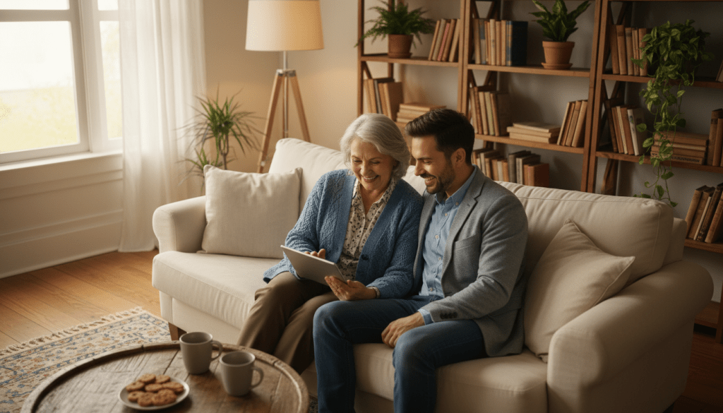 A cozy living room scene featuring an older adult woman and a younger adult man engaged in a video call using a tablet. In the foreground, they sit comfortably on a plush sofa, the woman wearing modest casual clothing and the man in smart casual attire, both smiling and interacting while looking at the screen. In the middle ground, a warm lamp casts soft light, highlighting their expressions and the tablet’s screen. In the background, bookshelves filled with books and plants add life to the room's inviting atmosphere. Natural light streams through a window, enhancing the mood of connection and warmth. The angle is slightly elevated, capturing the intimacy of the moment without any added text or distractions. A cozy living room scene featuring an older adult woman and a younger adult man engaged in a video call using a tablet. In the foreground, they sit comfortably on a plush sofa, the woman wearing modest casual clothing and the man in smart casual attire, both smiling and interacting while looking at the screen. In the middle ground, a warm lamp casts soft light, highlighting their expressions and the tablet’s screen. In the background, bookshelves filled with books and plants add life to the room's inviting atmosphere. Natural light streams through a window, enhancing the mood of connection and warmth. The angle is slightly elevated, capturing the intimacy of the moment without any added text or distractions.