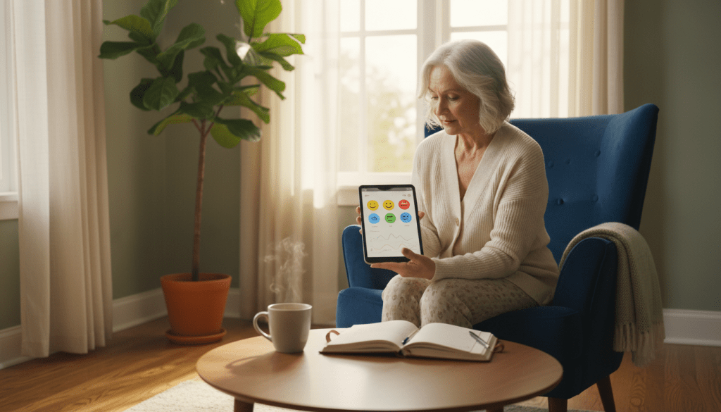 A cozy living room scene featuring an older adult woman using a tablet for personalized emotional tracking. In the foreground, she is seated comfortably in a stylish armchair, dressed in modest casual clothing, engaged with an app that displays vibrant, colorful emotional icons. In the middle, a coffee table adorned with a journal and a steaming cup of tea highlights a daily mood check-in routine. The background features warm natural light filtering through a window adorned with light curtains, casting soft shadows and creating a welcoming atmosphere. A potted plant adds a touch of greenery. The overall mood is calm and supportive, emphasizing the importance of emotional well-being in daily life for seniors.
