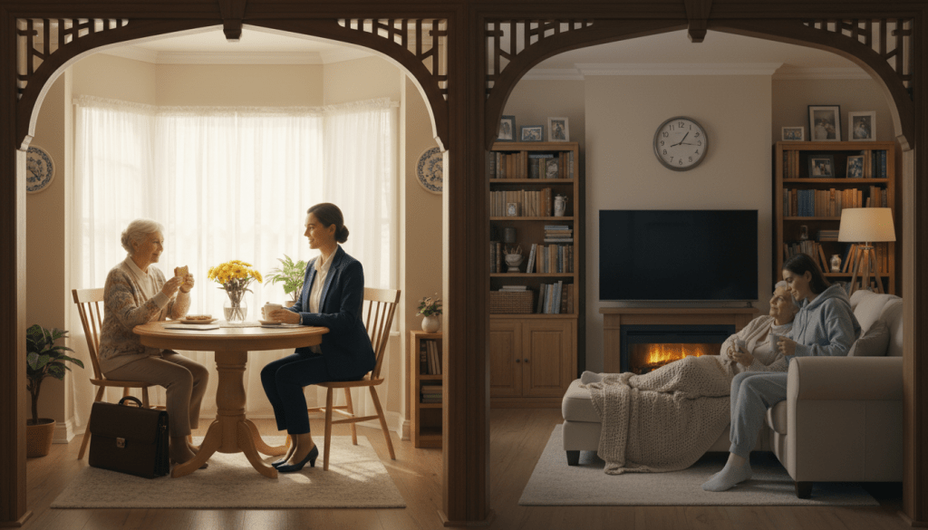 A cozy living room scene split into two distinct sections: on the left, a bright and cheerful morning setting with sunlight streaming through a large window, illuminating a smiling elderly woman in modest casual clothing enjoying breakfast with her adult child, who is dressed in professional business attire. On the right, an inviting evening atmosphere with warm, soft lighting, where the same elderly woman is calmly watching television with her adult child, now in more relaxed attire. The contrast emphasizes the morning and evening check-ins, with details like a clock showing the time in each section. The overall mood should convey warmth, care, and connection, highlighting the nurturing relationship between seniors and their caregivers. A cozy living room scene split into two distinct sections: on the left, a bright and cheerful morning setting with sunlight streaming through a large window, illuminating a smiling elderly woman in modest casual clothing enjoying breakfast with her adult child, who is dressed in professional business attire. On the right, an inviting evening atmosphere with warm, soft lighting, where the same elderly woman is calmly watching television with her adult child, now in more relaxed attire. The contrast emphasizes the morning and evening check-ins, with details like a clock showing the time in each section. The overall mood should convey warmth, care, and connection, highlighting the nurturing relationship between seniors and their caregivers.