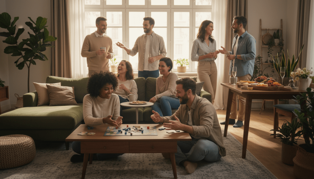 A cozy living room scene where a diverse group of adults, dressed in casual yet smart clothing, engage in various social activities. In the foreground, two individuals are animatedly discussing a board game while others are seated comfortably on a couch, sharing laughter and smiles. In the middle, a small table is set with refreshments, encouraging casual conversation. The background features warm, inviting lighting from a nearby window, casting soft shadows to create a relaxed atmosphere. A subtle hint of greenery from potted plants adds a touch of life. Capture the essence of connection and community, highlighting practical, friendly interactions that promote social engagement among family and friends.